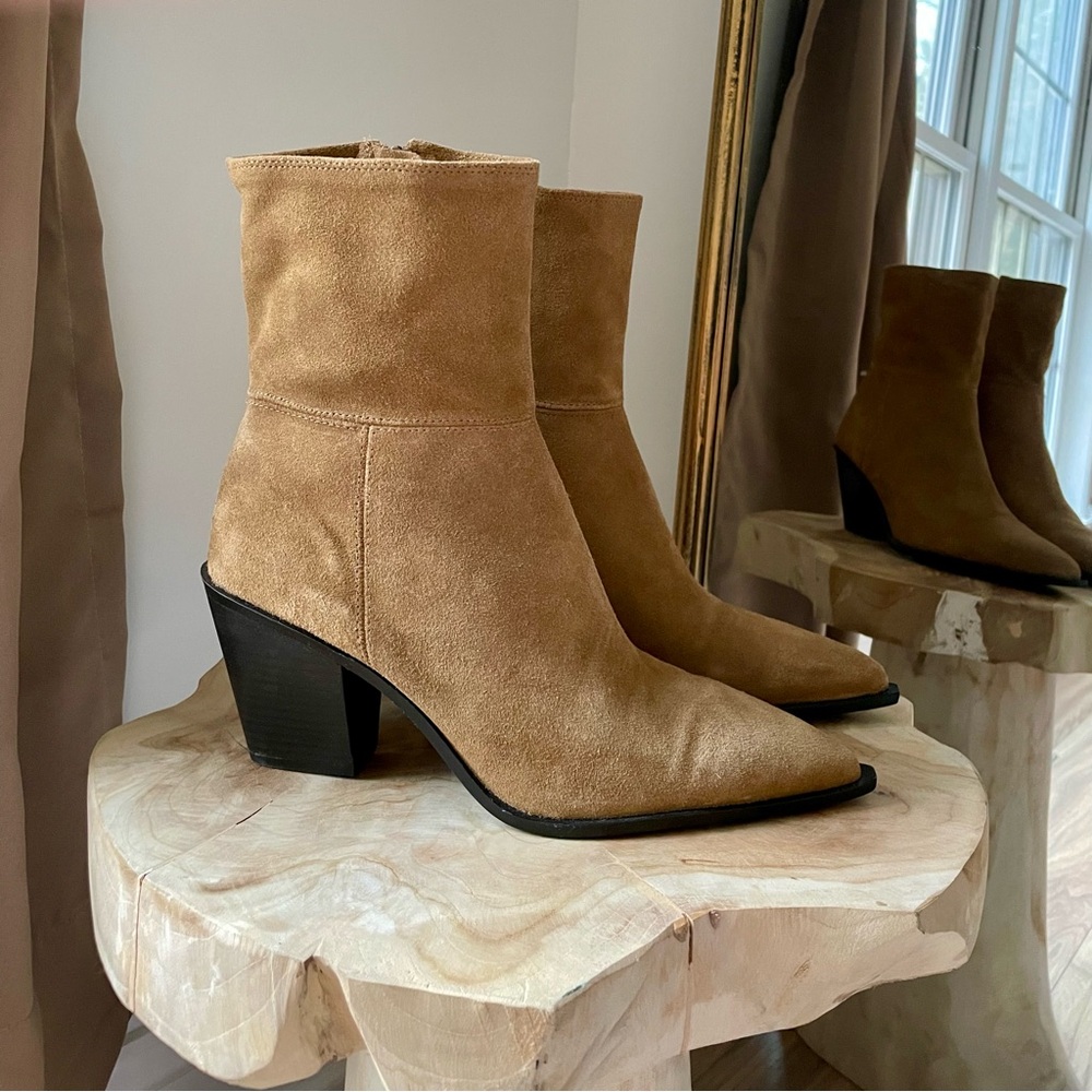NWT Zara Suede Leather Stacked Heel Pointed Toe Western Boots in Camel Tan - 10 - Picture 4 of 8